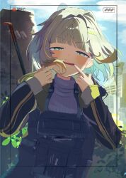  1girl a.i._voice absurdres alternate_costume battery_indicator black_jacket blonde_hair blonde_streaks blunt_bangs blush building chest_rig clouds cloudy_sky commentary_request crowbar fingers_to_cheeks floating_hair gradient_hair green_eyes green_hair hair_intakes hair_ornament hairclip hands_up highres hood hooded_jacket jacket leaning_to_the_side looking_at_viewer multicolored_hair outdoors overgrown post-apocalypse recording sabiaji_(gama_ou) short_hair sidelighting sidelocks sky smile solo squinting standing streaked_hair sunlight sweater tsunose_kotone tsunose_kotone_(tsubomi) turtleneck turtleneck_sweater two-sided_fabric two-sided_jacket upper_body viewfinder white_sweater writing_on_wall 