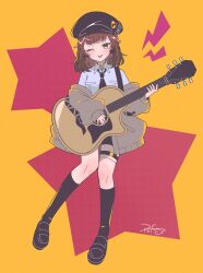  1girl :p black_hat black_necktie black_shoes black_shorts black_socks blunt_bangs blush breasts brown_hair brown_jacket commentary full_body green_eyes guitar hat highres holding holding_guitar holding_instrument instrument jacket jacket_partially_removed kneehighs lightning_bolt_symbol looking_at_viewer medium_breasts medium_hair necktie newsboy_cap one_eye_closed persona persona_5 persona_5:_the_phantom_x popo_mocomoco sakai_ayaka shirt shoes shorts signature socks solo star_(symbol) star_symbol_background symbol-only_commentary thigh_strap tongue tongue_out white_shirt wing_collar yellow_background 