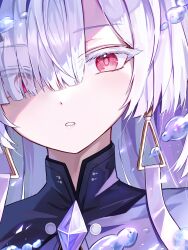  1girl absurdres colored_eyelashes commentary earrings eyes_visible_through_hair grey_hair hair_over_one_eye hamu_(hvmzld123) highres jewelry long_hair looking_at_viewer mornye_(wuthering_waves) parted_lips portrait red_eyes solo triangle_earrings wuthering_waves 