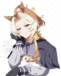  ahoge animal_ears blue_coat blue_eyes blush bow bowtie closed_mouth coat coat_on_shoulders commentary_request crown ear_covers gloves highres horse_ears horse_girl koroeda6 long_hair long_sleeves looking_at_viewer multicolored_hair open_clothes open_coat orange_hair orfevre_(umamusume) purple_sailor_collar purple_serafuku purple_shirt sailor_collar sailor_shirt school_uniform serafuku shirt single_ear_cover smile tracen_school_uniform tracen_winter_coat two-tone_hair umamusume upper_body white_bow white_bowtie white_hair winter_clothes winter_coat winter_uniform 