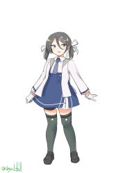  1girl absurdres bike_shorts bike_shorts_under_skirt black_hair black_thighhighs blazer blue_dress brown_eyes commentary_request dress full_body hair_between_eyes highres inagi_(kancolle) inagi_kai_ni_(kancolle) jacket kantai_collection long_hair loose_hair_strand necktie one-hour_drawing_challenge robinson_(day_l_full) simple_background solo striped_necktie thigh-highs twintails white_background white_jacket 