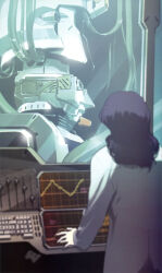  1girl absurdres artist_request blue_hair blurry blurry_foreground cable creator_and_creation earth_federation f91_gundam gundam gundam_f91 gundam_perfect_file highres lab_coat long_hair machinery magazine_scan mecha mecha_focus mobile_suit monica_arno realistic robot scan science_fiction scientist screen traditional_media 