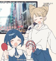  2girls :d ^_^ blonde_hair blue_hair closed_eyes collared_shirt commentary_request cone_hair_bun double_bun facing_viewer frilled_shirt frilled_sleeves frills fukurai_azami hair_bun hands_up highres holding holding_instrument holding_maracas hood hoodie instrument jasmine_(toshi_densetsu_kaitai_center) kahuka25 karaoke long_sleeves maracas multiple_girls music open_mouth shirt short_hair singing smile standing tambourine television toshi_densetsu_kaitai_center translation_request white_hoodie 