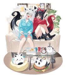 ;d absurdres animal_ear_piercing animal_ears aqua_eyes black_hair black_shorts black_socks blue_pajamas blue_shorts borumete bow_hairband braid character_mask clock coffee_table commentary_request controller couch dark_persona double-parted_bangs fox_ears fox_girl fox_tail fubuzilla_(shirakami_fubuki) full_body game_controller glasses hair_between_eyes hairband highres holding holding_controller holding_game_controller holding_phone hololive indoors knees_up kurokami_fubuki long_hair mask mask_on_head miteiru_(shirakami_fubuki) nejima_kitsune_(shirakami_fubuki) no_shoes on_couch one_eye_closed oruyanke_(shirakami_fubuki) pajamas pentagram phone photo_(object) red_eyes red_streaks red_sweater round_eyewear shirakami_fubuki short_shorts shorts side_braid sitting sleep_mask slippers smile socks sukonbu_(shirakami_fubuki) sweater table tablet_pc tail virtual_youtuber white_hair 