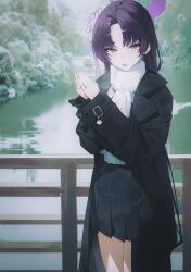  1girl alternate_costume black_coat black_skirt blue_archive coat commentary_request cropped_legs fang flower hair_flower hair_ornament halo highres long_hair long_sleeves looking_at_viewer open_clothes open_coat open_mouth outdoors parted_bangs pleated_skirt purple_flower purple_hair purple_halo railing river scarf school_uniform skin_fang skirt sla2h_help solo very_long_hair violet_eyes white_scarf yukari_(blue_archive) 