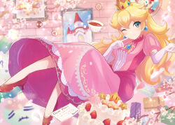  1girl absurdres blonde_hair blue_eyes cake closed_mouth commentary_request crown cup dress earrings elbow_gloves floating food fruit gift gloves half-closed_eye highres jewelry letter long_hair mario norimaki_(nrmk_norinori) painting_(object) pink_dress princess_peach red_shoes shoes smile solo strawberry super_mario_bros. tea teacup white_gloves 