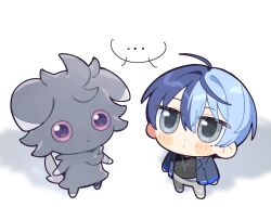  ... 1boy :| aoyagi_touya arms_at_sides blue_hair blue_jacket chibi closed_mouth commentary crossover dot_nose english_commentary espurr from_above full_body grey_eyes grey_pants hair_between_eyes jacket long_sleeves mole mole_under_eye multicolored_hair nemururin open_clothes open_jacket pants pokemon pokemon_(creature) project_sekai short_hair simple_background split-color_hair spoken_ellipsis standing torn_clothes torn_pants white_background 