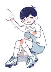  1boy 1other alternate_costume antenna_hair black_hair blue_shorts blush closed_eyes commentary_request crying double-parted_bangs flying_sweatdrops hair_between_eyes highres male_focus omori open_mouth roller_skates scrape scraped_knee shirotsume_143 shirt short_hair short_sleeves shorts simple_background sitting skates socks sunny_(omori) t-shirt teeth upper_teeth_only white_background white_shirt white_socks 