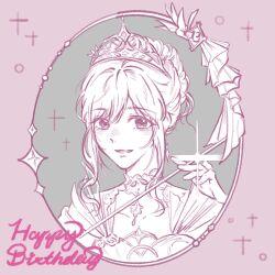  1girl armor baozilaojing breastplate brown_eyes bubble chinese_commentary collarbone commentary_request detached_collar dress english_commentary english_text grey_background hair_bun happy happy_birthday highres holding holding_sword holding_weapon infinity_nikki lace_collar light_blush looking_at_viewer melody_bloom_(infinity_nikki) mixed-language_commentary monochrome nikki_(nikki) nikki_(series) parted_lips pink_background pink_theme rapier short_hair_with_long_locks short_sleeves sidelocks single_hair_bun smile solo sparkle spot_color sword two-tone_background updo upper_body wavy_hair weapon 