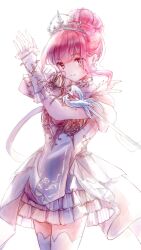  1girl absurdres armor bare_shoulders breastplate brown_eyes closed_mouth clothing_cutout coattails collar covered_collarbone cowboy_shot detached_collar dot_nose dress earrings eyelashes eyes_visible_through_hair fighting_stance frilled_arm_warmers hair_bun happy highres holding holding_sword holding_weapon infinity_nikki jewelry light_blush melody_bloom_(infinity_nikki) miniskirt nikki_(nikki) nikki_(series) pink_hair pleated_dress pleated_skirt rapier short_dress short_hair_with_long_locks short_sleeves shoulder_cutout sidelocks simple_background single_hair_bun skirt skirt_under_dress smile solo striped_clothes striped_skirt sword tiara vertical-striped_clothes vertical-striped_skirt wavy_hair weapon white_arm_warmers white_background white_collar white_dress white_skirt yelusiku06664 