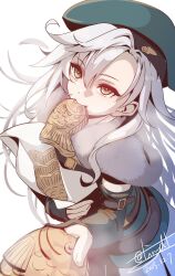  1girl bag beret curtained_hair dated eating eiyuu_densetsu fie_claussell floating_hair food food_in_mouth green_eyes green_hat hair_between_eyes hat highres holding holding_bag holding_food kai_no_kiseki kuro_no_kiseki_(series) long_hair looking_at_viewer paper_bag parted_bangs simple_background solo taiyaki tinybiard twitter_username upper_body wagashi white_background white_hair 