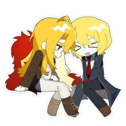  >_< 2girls :d ahoge black_coat black_pants blonde_hair boots brown_boots brown_jacket coat collared_shirt don_quixote_(project_moon) dual_persona gala9960 hashtag-only_commentary highres invisible_chair jacket la_manchaland_(identity)_(project_moon) limbus_company looking_at_viewer multiple_girls pants project_moon red_eyes sancho_(project_moon) shirt simple_background sitting smile white_background white_jacket white_pants white_shirt xd 