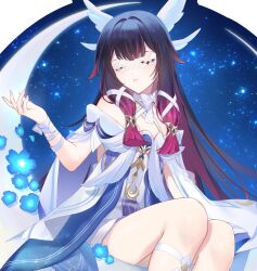  1girl black_hair breasts closed_eyes columbina_(genshin_impact) commentary_request dress genshin_impact gradient_hair head_wings highres long_hair mask mmmgnsn multicolored_hair pink_hair solo very_long_hair white_dress wings 