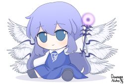  1girl angel angel_wings blue_dress blue_eyes blue_hair check_commentary collared_shirt commentary_request dated dounaga_nuko dress emblem feathered_wings full_body fumo_(doll) hair_between_eyes holding holding_scepter long_hair long_sleeves multiple_wings sariel_(touhou) scepter seraph shirt signature simple_background sitting smile solo touhou touhou_(pc-98) wand white_background white_wings wide_sleeves wings 