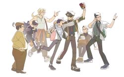  6+boys abyssal_black_flame_dragon_(omniscient_reader's_viewpoint) arm_up bag black_hair blonde_hair carrying carrying_person character_request check_character child clothes_around_waist commentary crossbody_bag drink english_commentary everyone finger_gun full_body glasses gong_pildu grassjellyg00d grin han_myungoh hat highres holding holding_bag holding_drink holding_ruler invisible_chair jacket jacket_around_waist kim_dokja lee_hyunsung low_ponytail multiple_boys omniscient_reader's_viewpoint plump pointing ponytail shirt sitting sleeveless sleeveless_shirt smile sun_wukong_(omniscient_reader's_viewpoint) trait_connection walking white_shirt yoo_joonghyuk 