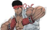  1boy abs black_hair closed_mouth dougi fighting_stance fingerless_gloves gloves headband large_pectorals male_focus muscular muscular_male nt_(gun-ash) pectorals red_gloves red_headband ryu_(street_fighter) short_hair simple_background solo street_fighter street_fighter_6 torn_clothes upper_body white_background 