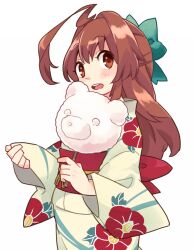  1girl ahoge blush bow brown_eyes brown_hair commentary_request cotton_candy floral_print food green_bow hair_between_eyes hair_bow holding holding_cotton_candy holding_food huge_ahoge japanese_clothes kantai_collection kimono kuma_(kancolle) kuma_(yukata)_(kancolle) long_hair long_sleeves looking_at_viewer obi ohagi_(iihatobu05) open_mouth sash simple_background solo white_background wide_sleeves yukata 