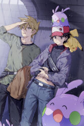  2boys 88_(einnimnech) baseball_cap belt black_belt black_hair black_pants black_shirt blue_oak blue_pants brown_eyes brown_hair closed_eyes fanny_pack goomy green_shirt hand_on_own_head hat highres holding holding_unworn_clothes jacket long_sleeves multiple_boys on_head on_shoulder open_clothes open_jacket open_mouth pants pikachu pokemon pokemon_(creature) pokemon_legends:_z-a pokemon_on_head pokemon_on_shoulder purple_jacket rain red_(pokemon) red_hat shirt short_hair smile spiky_hair wet wet_clothes wet_hair wet_pants wet_shirt wringing_clothes 