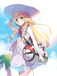  1girl arm_up bag blonde_hair blue_sky braid closed_mouth clouds day dress eihi green_eyes hat lillie_(pokemon) long_hair outdoors pokemon pokemon_sm side_braids sky sleeveless sleeveless_dress solo sun_hat sundress tree white_dress 