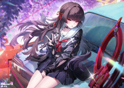  1girl absurdres black_jacket black_shirt black_skirt blush car chisa_(wuthering_waves) flower hair_ribbon highres jacket long_hair looking_at_viewer mayoril motor_vehicle neckerchief open_clothes open_jacket open_mouth purple_flower red_eyes red_neckerchief red_ribbon ribbon sailor_collar school_uniform serafuku shirt sitting skirt sleeves_past_wrists solo v white_sailor_collar wuthering_waves 