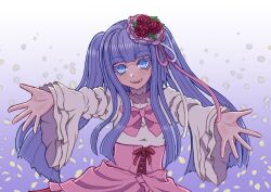  1girl blue_eyes blunt_bangs blunt_ends bow colored_eyelashes dress dress_bow falling_petals flower frilled_sleeves frills furudo_erika gradient_background hair_flower hair_ornament hair_ribbon hashtag-only_commentary highres looking_at_viewer outstretched_arms petals pink_bow pink_ribbon pink_skirt ribbon skirt smile tomorrow2311 twintails umineko_no_naku_koro_ni white_dress 
