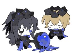  2boys bakori_555 black_crown black_hair blonde_hair blue_eyes blue_sash cavernous_wailing_(e.g.o) chibi chibi_only closed_eyes crown crying e.g.o_(project_moon) half_updo heterochromia holding holding_mace holding_weapon hong_lu_(project_moon) limbus_company long_hair mace multiple_boys open_mouth project_moon sash sidelocks sinclair_(project_moon) very_long_hair weapon 