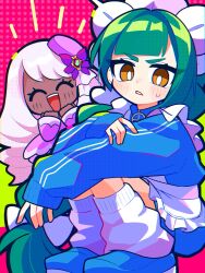  2girls apron blue_jacket blue_track_suit blunt_bangs blush braid braided_ponytail brown_eyes closed_eyes commentary_request dark-skinned_female dark_skin dress frilled_apron frills gloves green_hair hair_ornament highres jacinthe_(pokemon) jacket jersey_maid lebanne_(pokemon) leg_warmers long_braid long_hair long_sleeves looking_at_viewer loose_socks maid maid_apron maid_headdress multiple_girls nikoru open_mouth parted_lips pokemon pokemon_legends:_z-a purple_dress purple_hair shoes socks squatting sweatdrop track_jacket track_suit tsurime unconventional_maid very_dark_skin violet_eyes waist_apron white_apron white_headdress white_leg_warmers white_socks 
