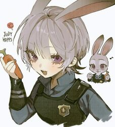  1girl animal_ears breasts carrot furry furry_female grey_fur grey_hair highres humanization judy_hopps long_sleeves looking_at_viewer musical_note omumeshi open_mouth police police_uniform policewoman rabbit_ears rabbit_girl shirt short_hair smile violet_eyes zootopia 