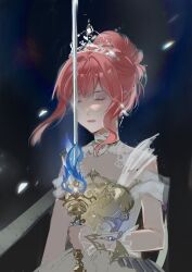  1girl absurdres arisk armor bare_shoulders beads black_background breastplate chinese_commentary closed_eyes closed_mouth clothing_cutout collar commentary_request covered_collarbone detached_collar dress earrings expressionless eyelashes eyeshadow feather_earrings feathers floating_hair frilled_arm_warmers hair_beads hair_intakes hair_ornament high_collar highres holding holding_sword holding_weapon infinity_nikki jewelry lace_collar light_particles lipstick loose_hair_strand makeup melody_bloom_(infinity_nikki) nikki_(nikki) nikki_(series) petals pink_eyeshadow pink_hair pink_lips rapier short_hair_with_long_locks short_sleeves shoulder_cutout sidelocks solo sword tiara updo upper_body wavy_hair weapon white_arm_warmers white_collar white_dress wind 