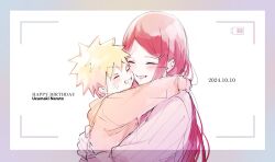  1boy 1girl arm_around_neck battery_indicator blonde_hair character_name child closed_eyes dated facial_mark grin hair_between_eyes hair_ornament hairclip happy_birthday highres hood hood_down hoodie hug light_blush long_hair mother_and_son naruto_(series) open_mouth orange_hoodie pink_sweater red_hair ribbed_sweater short_hair smile spiky_hair sweater swept_bangs ting upper_body uzumaki_kushina uzumaki_naruto viewfinder whisker_markings white_background 
