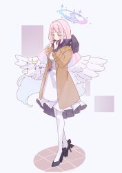  1girl adjusting_scarf angel_wings black_scarf black_scrunchie black_shoes blue_archive blue_bow blue_hair blue_halo blunt_bangs blush bow brown_coat closed_mouth coat commentary_request crescent dress enpera feathered_wings full_body gradient_hair gradient_halo halo high_heels highres long_hair low_wings mika_(blue_archive) multicolored_hair multicolored_halo open_clothes open_coat pantyhose pink_hair pink_halo rco_as scarf scrunchie shoes smile solo very_long_hair white_background white_dress white_pantyhose wing_ornament wings wrist_scrunchie yellow_eyes 
