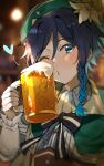  1boy alcohol bangs beer beer_mug black_hair blue_hair blush bow braid cup flower foam genshin_impact gradient_hair green_headwear gyoju_(only_arme_nim) hair_between_eyes hat heart highres holding holding_cup long_sleeves looking_at_viewer male_focus mug multicolored_hair one_eye_closed puckered_lips revision solo twin_braids venti_(genshin_impact) white_flower 