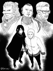  5boys bandaged_hand bandages boruto:_naruto_next_generations cigarette clenched_hand cloak collared_cloak earrings facial_tattoo glasses greyscale hatching_(texture) highres jacket jewelry jigen_(naruto) kashin_koji_(boruto) male_focus mask matsu_(fu6ide2) monochrome multiple_boys naruto_(series) number_tattoo open-toe_boots ponytail sanzu_amado serious smoking tattoo twitter_username uchiha_sasuke uzumaki_naruto 