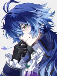 1boy alcohol antenna_hair ascot black_gloves blue_hair blue_jacket closed_mouth collared_jacket commentary cup drinking_glass flins_(genshin_fes_2026)_(genshin_impact) flins_(genshin_impact) frilled_sleeves frills genshin_impact glass gloves gradient_hair hand_on_own_head head_rest heart highres jacket long_hair long_sleeves looking_to_the_side male_focus multicolored_hair official_alternate_costume open_clothes open_jacket parted_bangs rio_(rio773) sideways_glance simple_background sleeve_cuffs smile solo sprout symbol-only_commentary very_long_hair white_ascot white_background wine wine_glass wing_collar yellow_eyes 