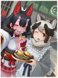  2girls absurdres alternate_costume animal_ears apron back_bow belt black_fur black_hair bow bowtie brown_belt brown_eyes brown_hair collared_shirt colored_skin eating fang fingerless_gloves fox_ears fox_girl fox_tail frilled_apron frills fur_collar fur_trim gloves grey_kimono hair_between_eyes highres horns japanese_clothes kemono_friends kemono_friends_3 kimono kinkaku_(kemono_friends) long_hair long_sleeves multicolored_hair multiple_girls one_eye_closed orange_eyes plaid_clothes plaid_skirt pleated_skirt raccoon_ears raccoon_girl raccoon_tail red_bow red_bowtie red_gloves red_skin red_skirt selfie shirt short_hair sidelocks skirt striped_clothes striped_kimono tail tanuki_(kemono_friends) toriny tray two-tone_hair vertical-striped_clothes vertical-striped_kimono white_apron white_fur white_hair white_shirt 