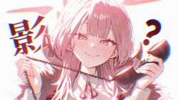  1girl ? absurdres aru_(blue_archive) blue_archive blush closed_mouth coat commentary corded_phone demon_horns fur-trimmed_coat fur_trim halo hands_up head_tilt highres holding holding_phone horns long_hair long_sleeves looking_at_viewer low_horns mochirong phone pink_hair red_halo red_ribbon ribbon shirt simple_background smile solo white_background white_shirt 