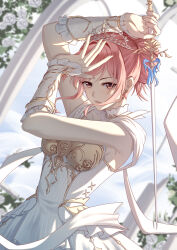  1girl ang33 arm_on_own_head armor blue_sky breastplate brown_eyes bush chinese_commentary closed_mouth clouds collar collarbone commentary_request cowboy_shot day detached_collar dress earrings expressionless eyelashes fighting_stance floating_hair flower frilled_arm_warmers frilled_dress frills garden gold_earrings hair_bun highres holding holding_sword holding_weapon infinity_nikki jewelry lace_collar light_frown lipstick makeup melody_bloom_(infinity_nikki) nikki_(nikki) nikki_(series) outdoors pavilion pink_hair pink_lips pleated_dress rapier ribbon rose short_hair_with_long_locks short_sleeves sidelocks single_hair_bun sky solo striped_clothes striped_dress sword updo vertical-striped_clothes vertical-striped_dress wavy_hair weapon white_arm_warmers white_collar white_dress white_flower white_ribbon white_rose 