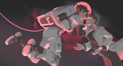  2boys astronaut black_hair censored censored_identity floating glowing hand_on_another's_neck helmet highres kim_dokja limited_palette looking_at_another male_focus multiple_boys nemomosso omniscient_reader's_viewpoint outstretched_hand pink_light short_hair space space_helmet spacesuit tether underlighting yoo_joonghyuk 