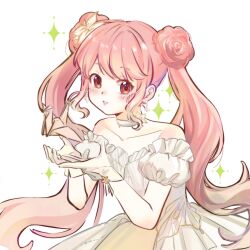 1girl bare_arms brown_eyes chinese_commentary choker collarbone commentary_request cowboy_shot dot_nose double_bun dress earrings eyelashes flower flower-shaped_hair frilled_dress frilled_sleeves frills gloves hair_bun hair_flower hair_ornament happy highres jewelry leaning_forward light_blush lightfold_dreams_(shining_nikki) lily_(flower) lips long_hair looking_at_viewer neck_flower nikki_(nikki) nikki_(series) object_floating_above_hand off-shoulder_dress off_shoulder origami own_hands_together paper_crane parted_lips pink_hair pink_lips puffy_short_sleeves puffy_sleeves ribbon shining_nikki short_sleeves sidelocks simple_background smile solo sparkle standing swept_bangs twintails very_long_hair wavy_hair white_background white_choker white_dress white_flower white_gloves white_ribbon wrist_flower wrist_ribbon yellow_flower zhenzi_jiang