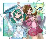  2girls :d alternate_color armpits arms_up bangs blush border brown_eyes brown_hair celebi closed_mouth commentary detached_sleeves dress eyelashes flower fu_(tk1189227dhy) glint glowing green_eyes green_hair hair_flower hair_ornament highres kris_(pokemon) long_hair lyra_(pokemon) multiple_girls official_alternate_costume open_mouth outside_border own_hands_together pokemon pokemon_(creature) pokemon_(game) pokemon_masters_ex smile sparkling_eyes steepled_fingers stretch suicune teeth tongue twintails upper_teeth 