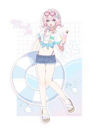  1girl adapted_costume bikini blue_eyes character_name commentary cropped_shirt cup denim denim_shorts drink eyewear_on_head full_body hair_ornament heart heart-shaped_eyewear highleg highleg_bikini highres holding holding_cup holding_swim_ring honkai:_star_rail honkai_(series) innertube jewelry march_7th_(honkai:_star_rail) multicolored_eyes necklace open_mouth pink-framed_eyewear pink_eyes pink_pupils platform_sandals sandals shirt short_shorts short_sleeves shorts swim_ring swimsuit tied_shirt twitter_username two-tone_eyes uwasewau 