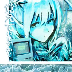  1boy ahoge apple_inc. blue_eyes blue_theme closed_mouth commentary disveri english_commentary frown green_eyes hair_between_eyes heterochromia highres looking_at_viewer macintosh male_focus solo translation_request utatane_piko white_hair 