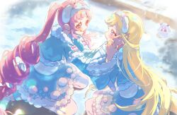  animal_ear_hairband animal_ears aozora_himari blonde_hair blue_eyes blue_jacket blue_skirt blush commentary day dondoko_(dondokojan) drill_hair eye_contact fake_animal_ears from_above fur-trimmed_jacket fur-trimmed_skirt fur_trim grin hairband hand_on_another's_cheek hand_on_another's_face hand_on_another's_wrist hand_up highres himitsu_no_aipri hoshikawa_mitsuki jacket kneeling legs_apart legs_together long_hair long_sleeves looking_at_another midriff outdoors pink_hair pretty_series priusa rabbit_ears skirt smile snow snow_rabbit sparkle straight_hair twin_drills twitter_username very_long_hair violet_eyes watermark white_hairband wide_sleeves winter 