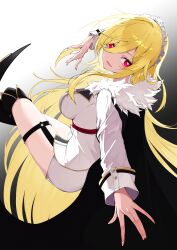  1girl absurdres black_background black_boots black_cape blonde_hair boots breasts cape commentary_request commission crossed_legs eyes_visible_through_hair floating from_side fur-trimmed_cape fur_collar fur_trim garter_straps gradient_background hair_between_eyes hairband heart heart-shaped_pupils highres knee_boots large_breasts long_hair long_sidelocks long_sleeves looking_at_viewer looking_back looking_to_the_side maid_headdress open_mouth original parted_lips red_eyes shirt shorts sidelocks skeb_commission smile solo split_mouth symbol-shaped_pupils thigh_strap thighs very_long_hair white_background white_shirt white_shorts yonagi_white 