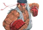  1boy abs black_hair clenched_hands closed_mouth dougi fighting_stance fingerless_gloves gloves headband large_pectorals male_focus muscular muscular_male nt_(gun-ash) pectorals red_gloves red_headband ryu_(street_fighter) short_hair simple_background solo street_fighter street_fighter_6 torn_clothes upper_body white_background 