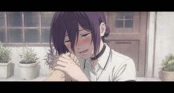  1boy 1girl black_choker chainsaw_man choker close-up crying denji_(chainsaw_man) green_eyes hair_bun half-closed_eyes highres holding_hands looking_down muchdoge non-web_source open_mouth purple_hair reze_(chainsaw_man) shirt tearing_up upper_body 