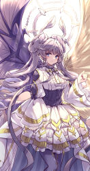  1girl absurdres angel_wings black_corset black_pantyhose blue_eyes braid braided_twintails bun_with_braided_base closed_mouth commentary_request corset demon_wings double_bun dress duel_monster frilled_dress frills hair_bun halo highres horns kanzakietc long_sleeves pantyhose purple_hair selettrice_vaalmonica simple_background solo varar_vaalmonican_concord white_background white_dress white_halo wings yu-gi-oh! 