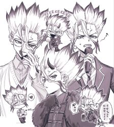  1boy anger_vein belt blush cape chibi cup demon demon_horns dr._stone facial_mark fur-trimmed_cape fur_trim glasses gradient_hair greyscale heart highres holding holding_microphone horns ishigami_senkuu looking_at_viewer male_focus microphone monochrome multicolored_hair multiple_views music musical_note necktie nervous_sweating open_mouth school_uniform sharp_teeth shirt simple_background smile smirk spiky_hair spoken_heart sweat sweatdrop teeth wa_wawa_ii white_background 