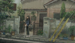  1girl absurdres black_eyes black_hair black_pants blue_sweater blush_stickers closed_mouth closed_umbrella commentary_request day door drain_(object) fence hand_up highres holding holding_umbrella house katakai long_hair long_sleeves original outdoors pants pink_shoes plant potted_plant power_lines profile shoes sky sneakers solo standing stone_wall sweater transparent transparent_umbrella tree umbrella window wooden_fence 