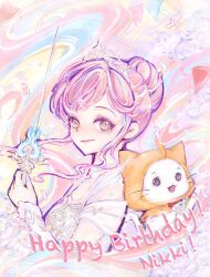  1girl ahoge arm_up armor back-to-back bare_shoulders bow bowtie breastplate brown_eyes character_name chinese_commentary cloak closed_mouth clothing_cutout collar colorful_background commentary_request confetti cropped_torso detached_collar dot_nose dress ear_covers english_text eyelashes floating_hair frilled_arm_warmers hair_bun happy happy_birthday highres holding holding_sword holding_weapon hood hood_up hooded_cloak infinity_nikki lace_collar light_blush lipstick makeup melody_bloom_(infinity_nikki) momo_(nikki) nikki_(nikki) nikki_(series) pawpads pink_hair pink_lips rapier red_bow red_bowtie short_hair_with_long_locks short_sleeves shoulder_cutout sidelocks single_hair_bun smirk sword tiara traditional_bowtie updo vodhisg wavy_hair weapon whiskers white_arm_warmers white_collar white_dress yellow_cloak 